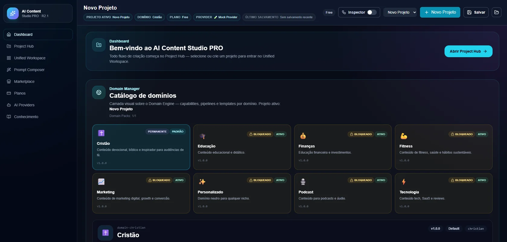 Dashboard do AI Content Studio PRO
